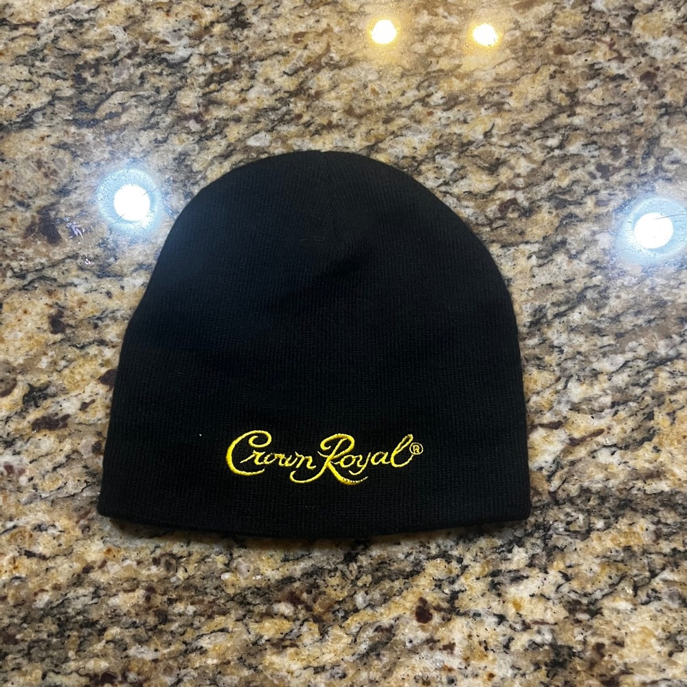 Crown Royal Beanie Hat Mens Black Gold Embroidered Logo Knit Acrylic Skull Cap